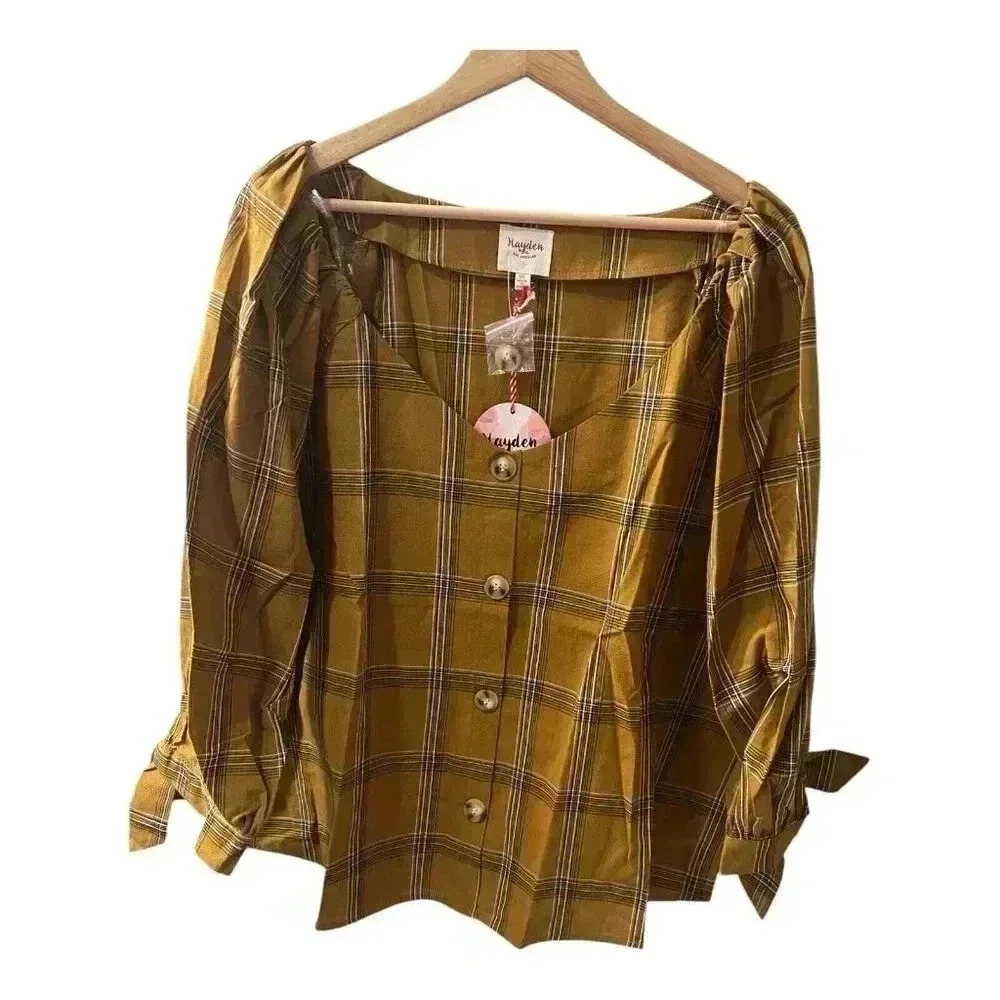Hayden LA Plaid Yellow Top Bow Sleeve Accent Plus Size 3XL